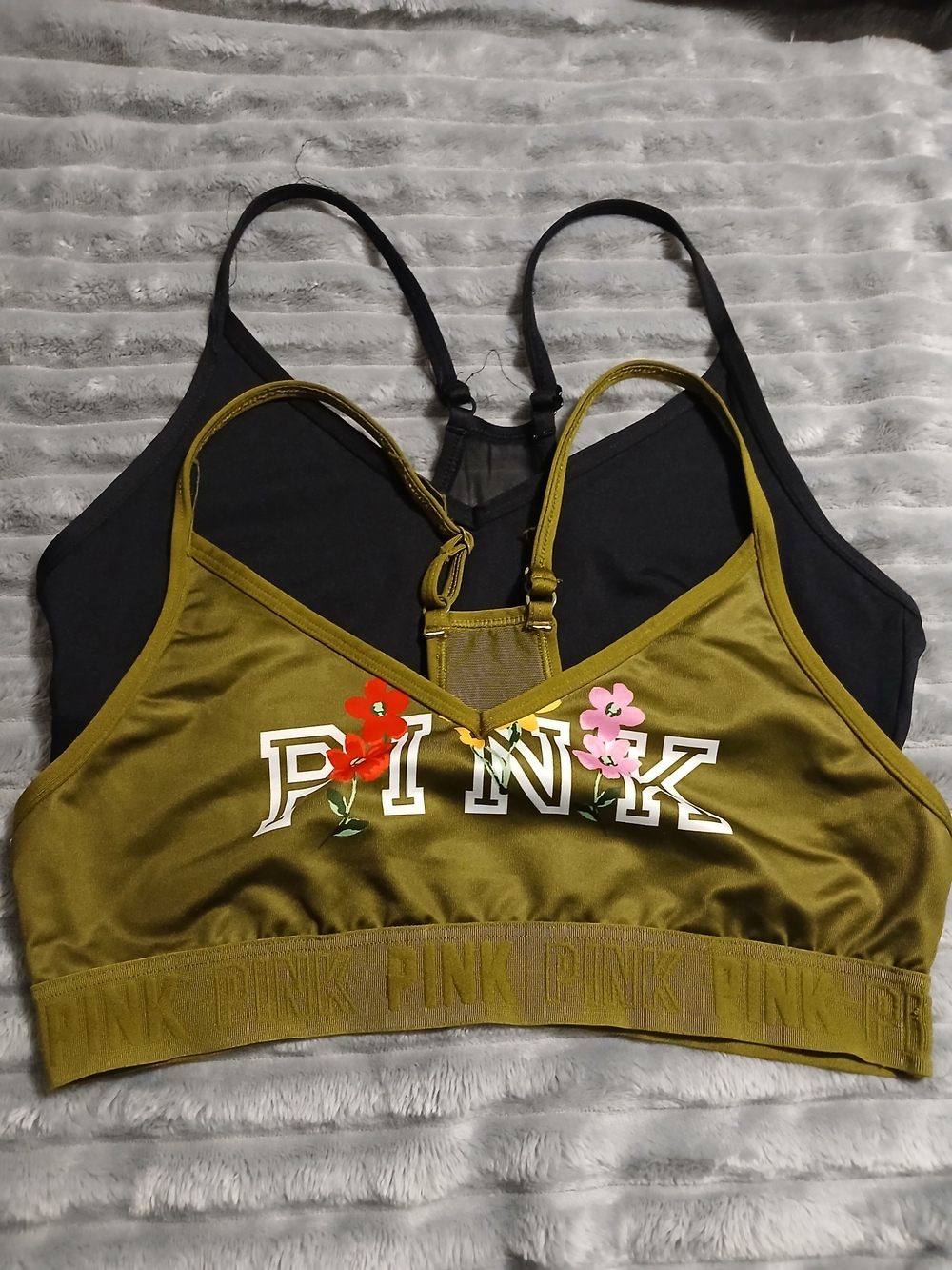 PINK Victoria's Secret Olive Green Floral Logo Sports Bralette